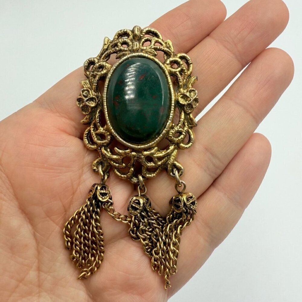 Vintage Oval Filigree Genuine Bloodstone Pendant Brooch